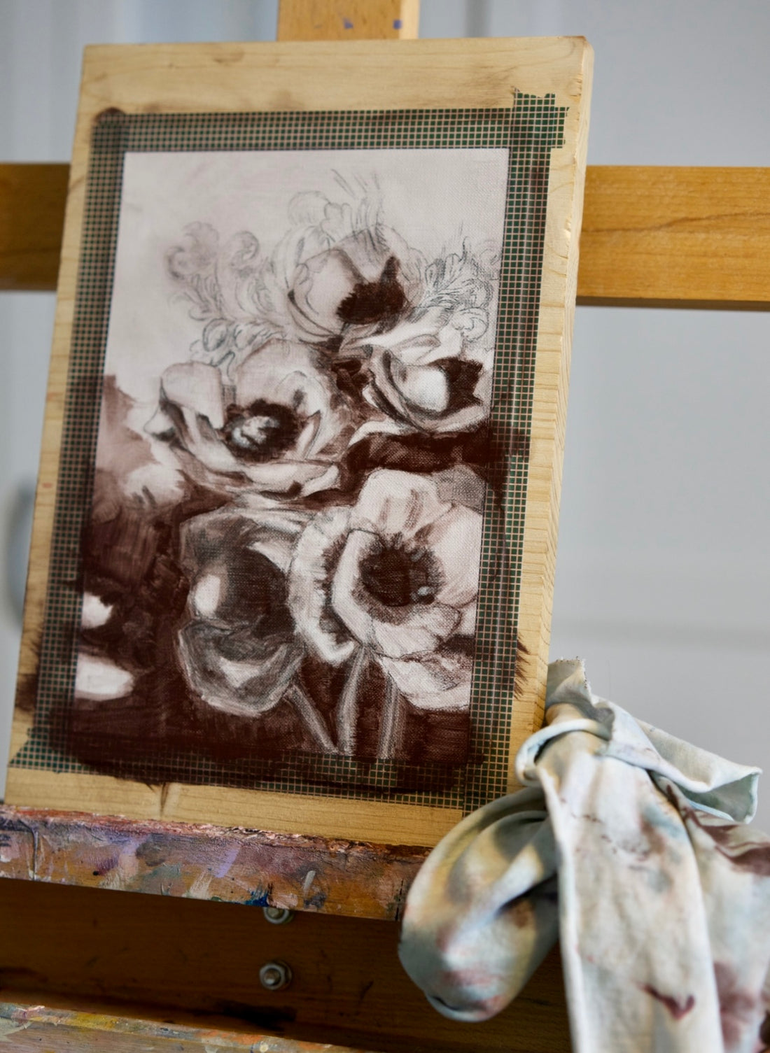 Flower underpainting on easel