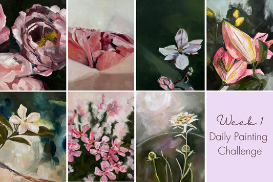 Collage with the first seven flower paintings of my daily painting challenge.