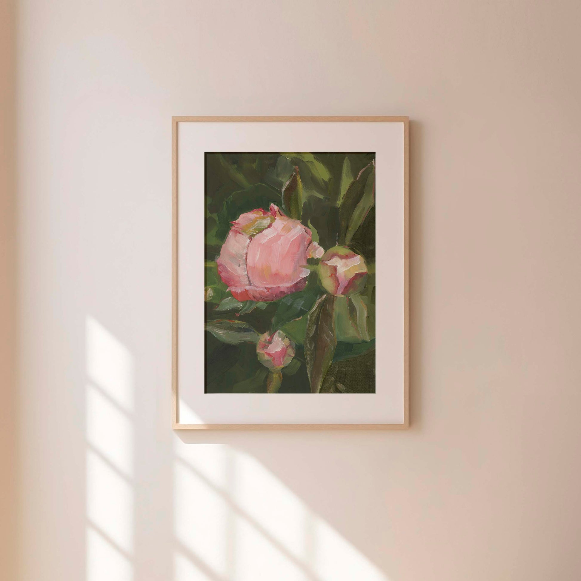 Pink Peony Buds on Green Leaves - Floral Art Print