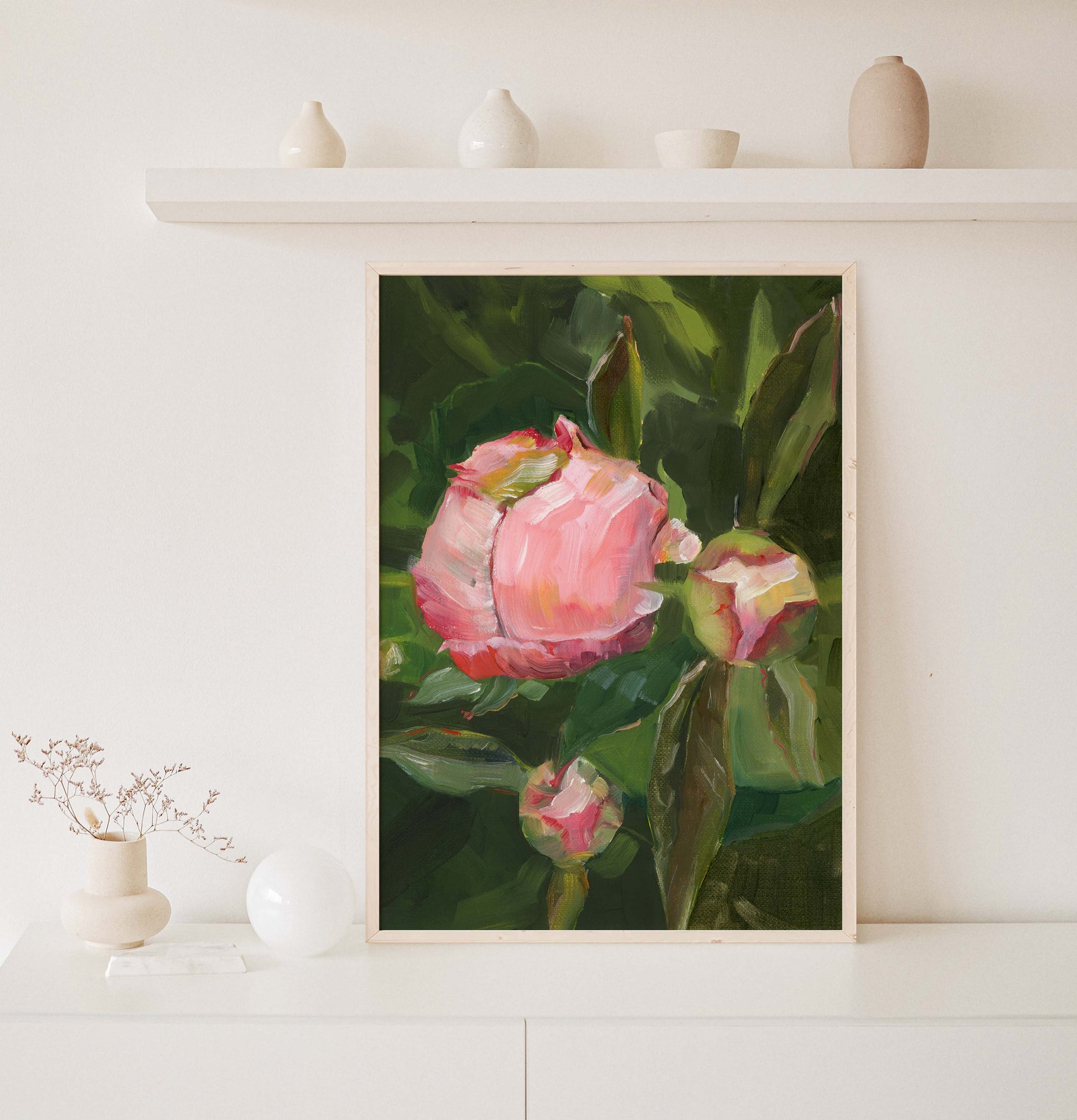Pink Peony Buds on Green Leaves - Floral Art Print