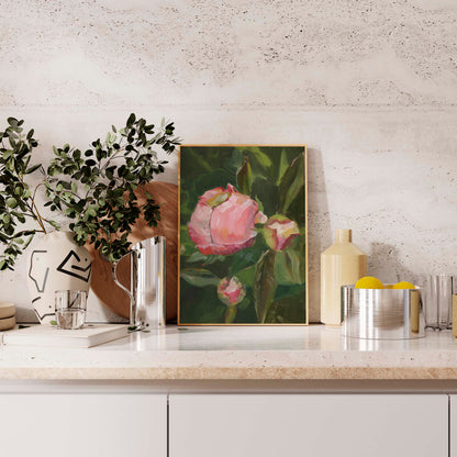Pink Peony Buds on Green Leaves - Floral Art Print