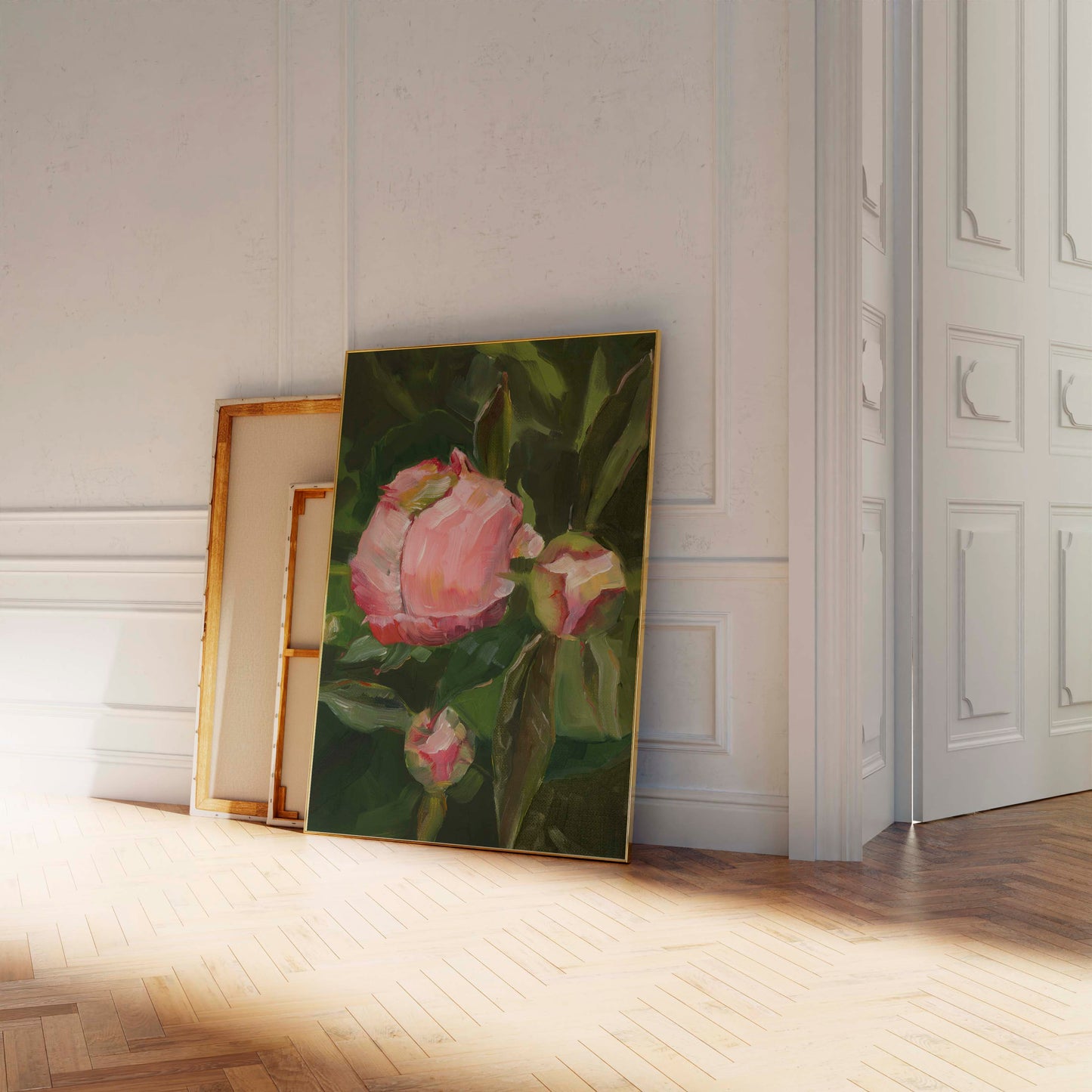 Pink Peony Buds on Green Leaves - Floral Art Print
