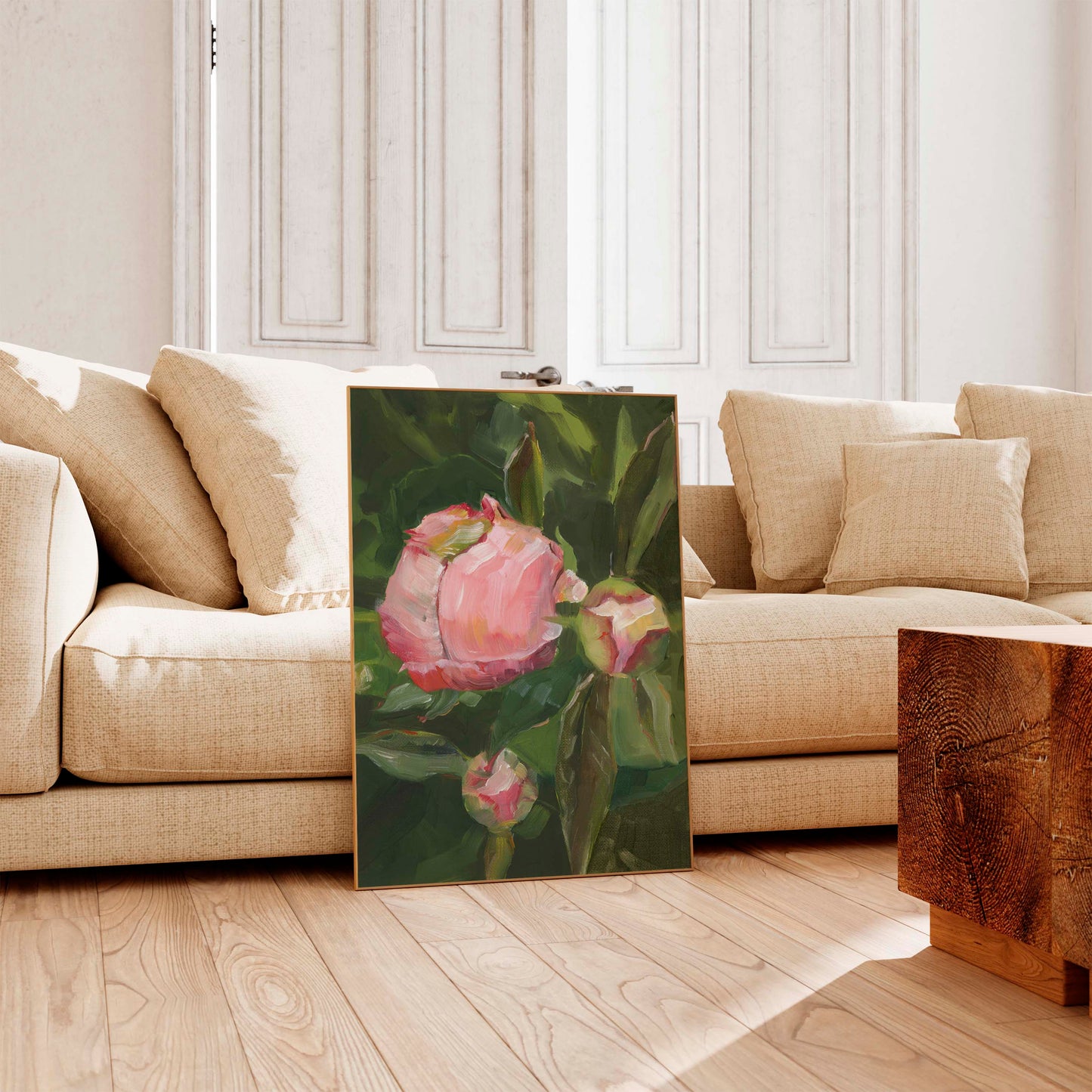 Pink Peony Buds on Green Leaves - Floral Art Print