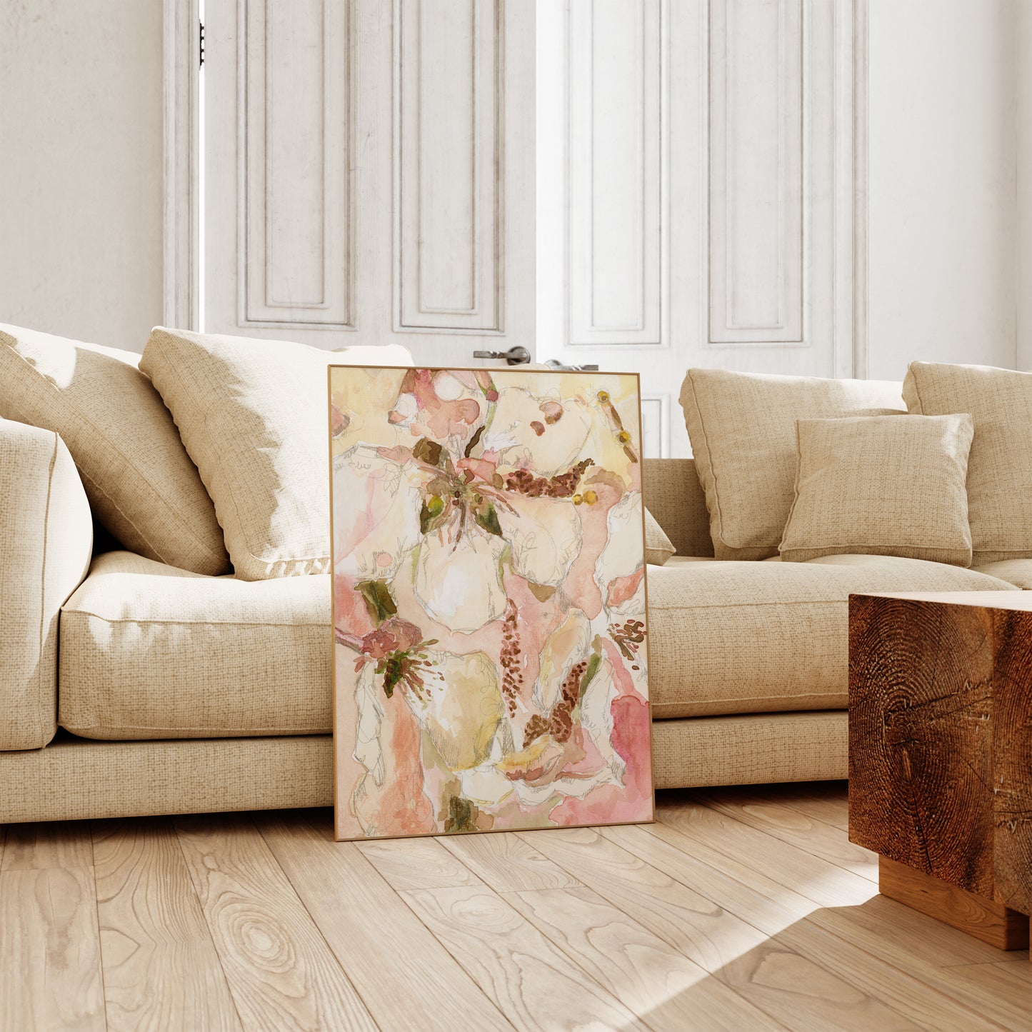 Abstract Yellow and Blush Flower Oil Painting - Floral Fine Art Print