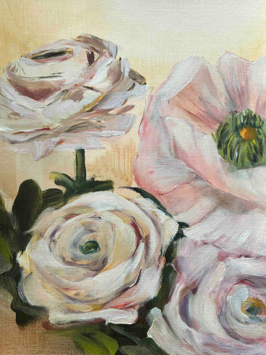 roses and anemone oil painting on paper