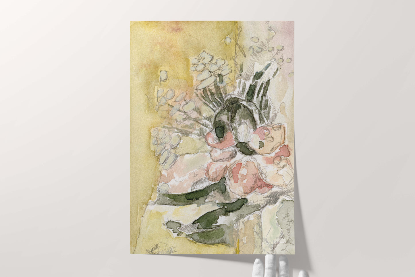 Blush and Yellow Abstract Flower Watercolor Painting - Floral Fine Art Print