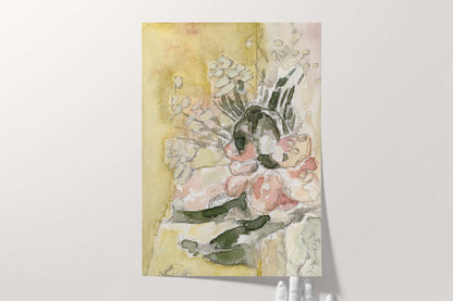 Blush and Yellow Abstract Flower Watercolor Painting - Floral Fine Art Print