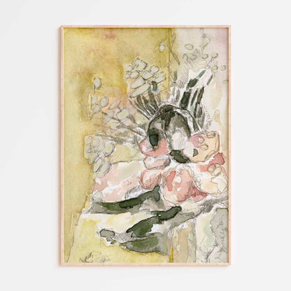 Blush and Yellow Abstract Flower Watercolor Painting - Floral Fine Art Print