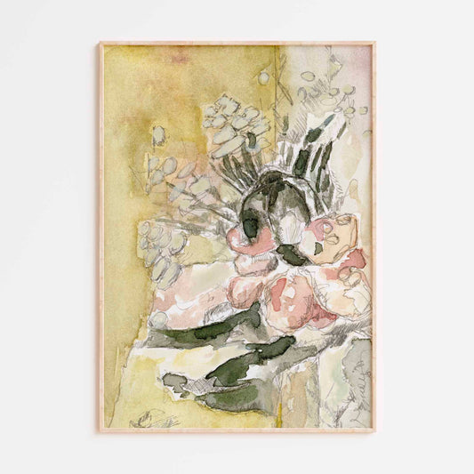 Blush and Yellow Abstract Flower Watercolor Painting - Floral Fine Art Print