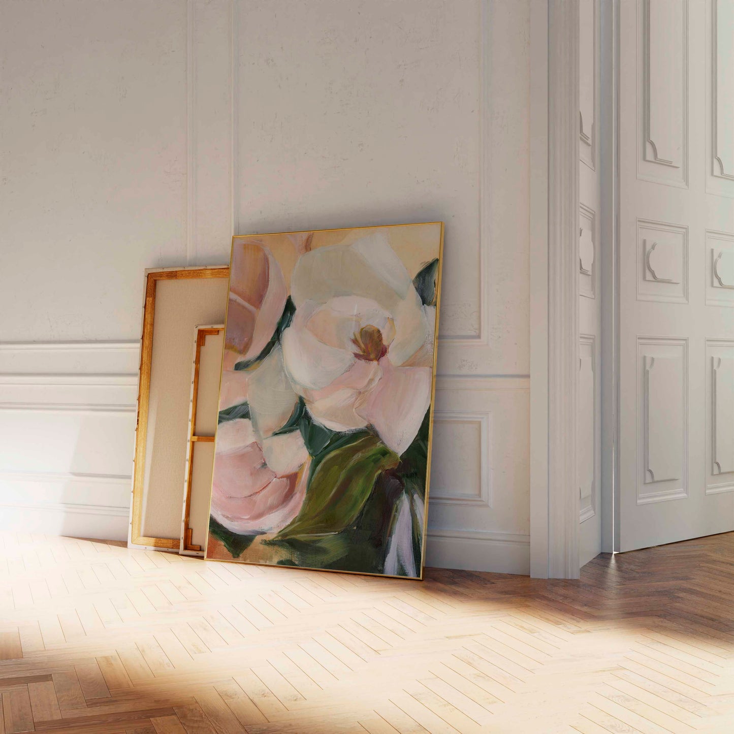 floral art print framed in hallway