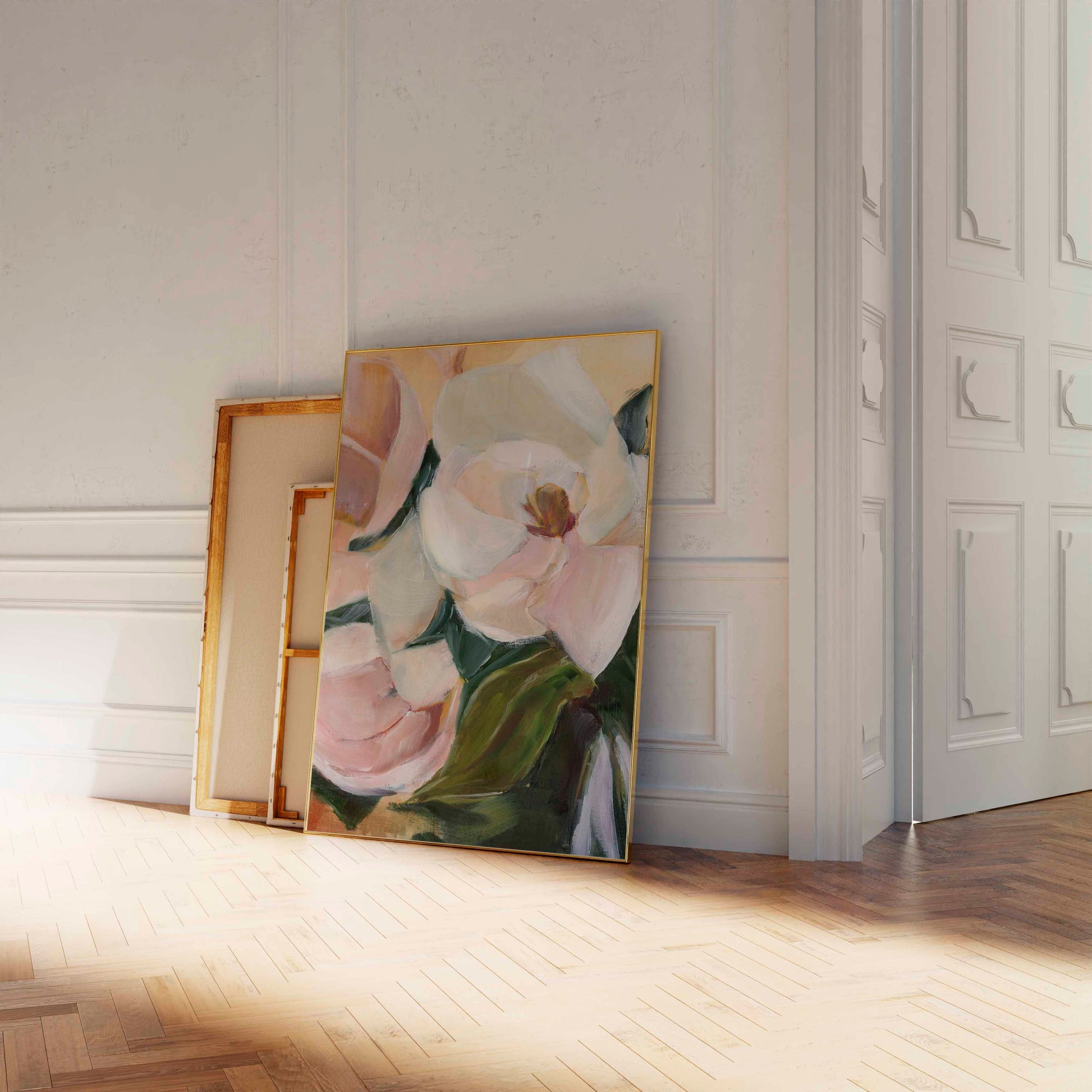 floral art print framed in hallway