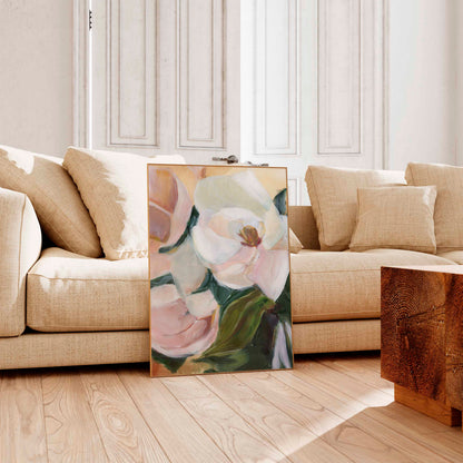 floral art print framed in living room 