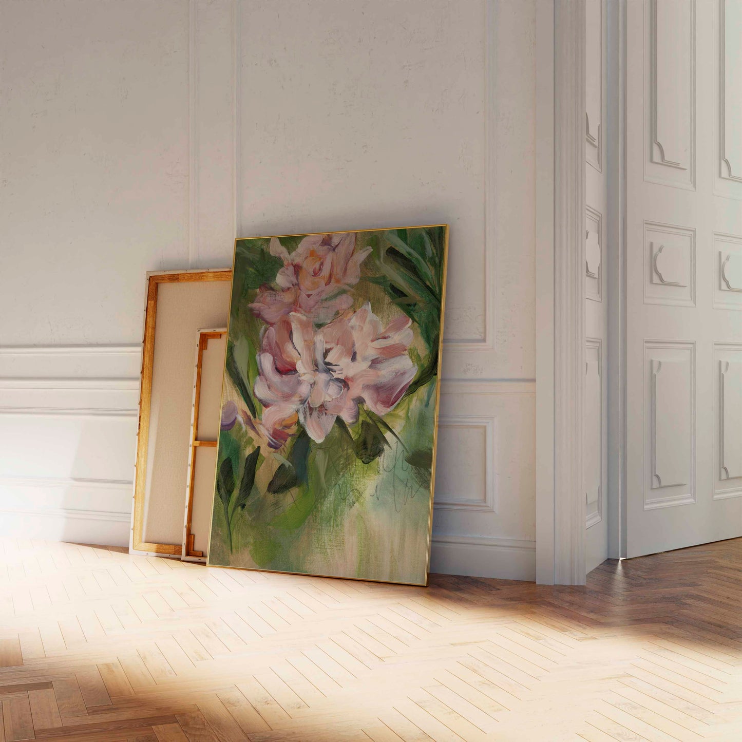 floral art print in hallway