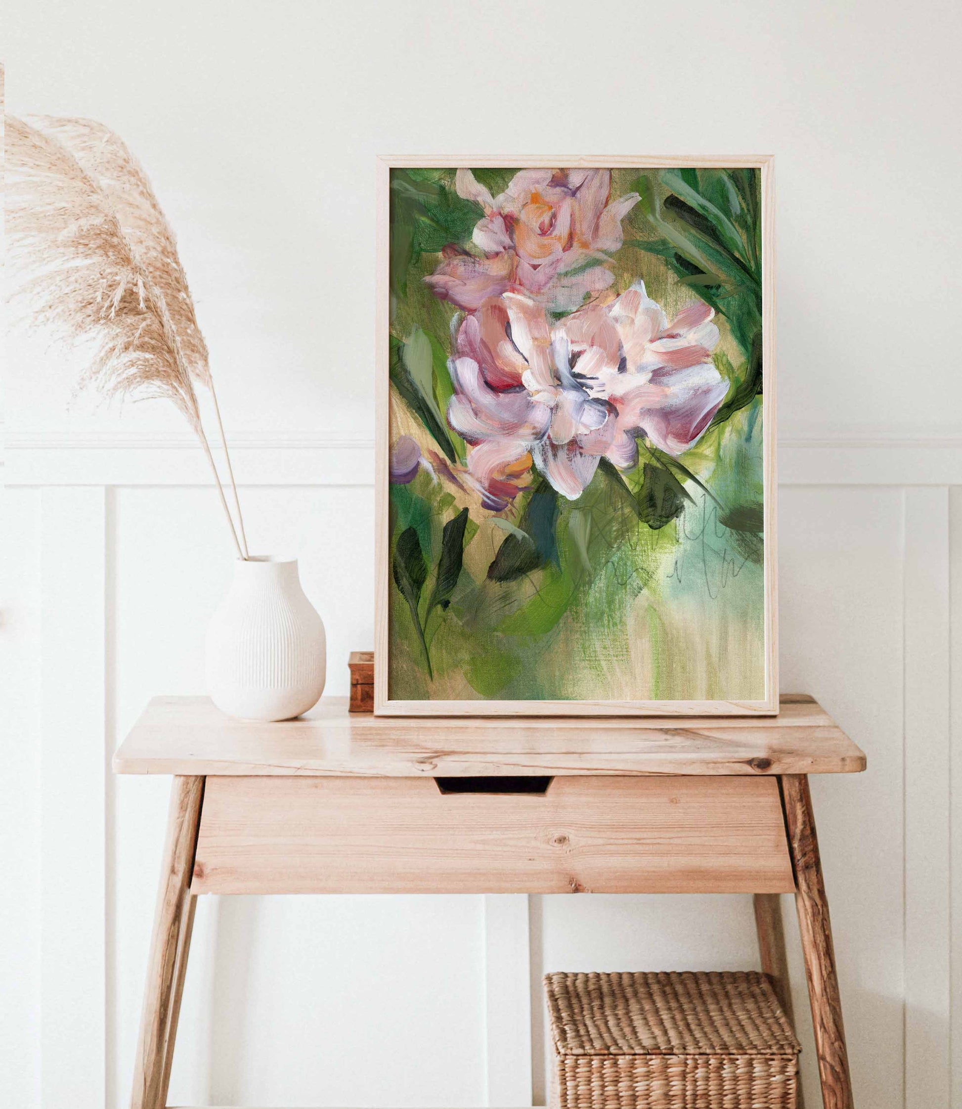 framed art rpint on tiny desk