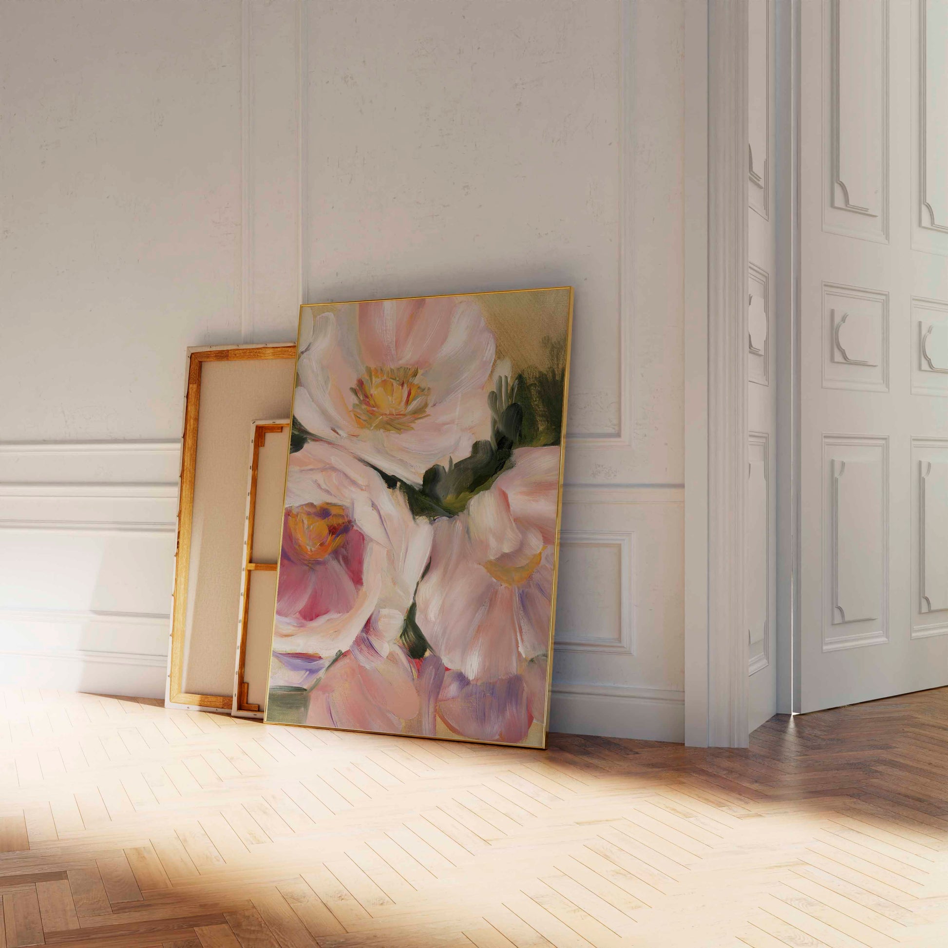 floral art print in hallway