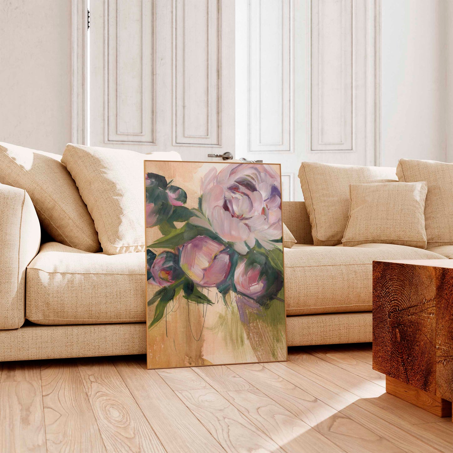 floral framed art print in living room