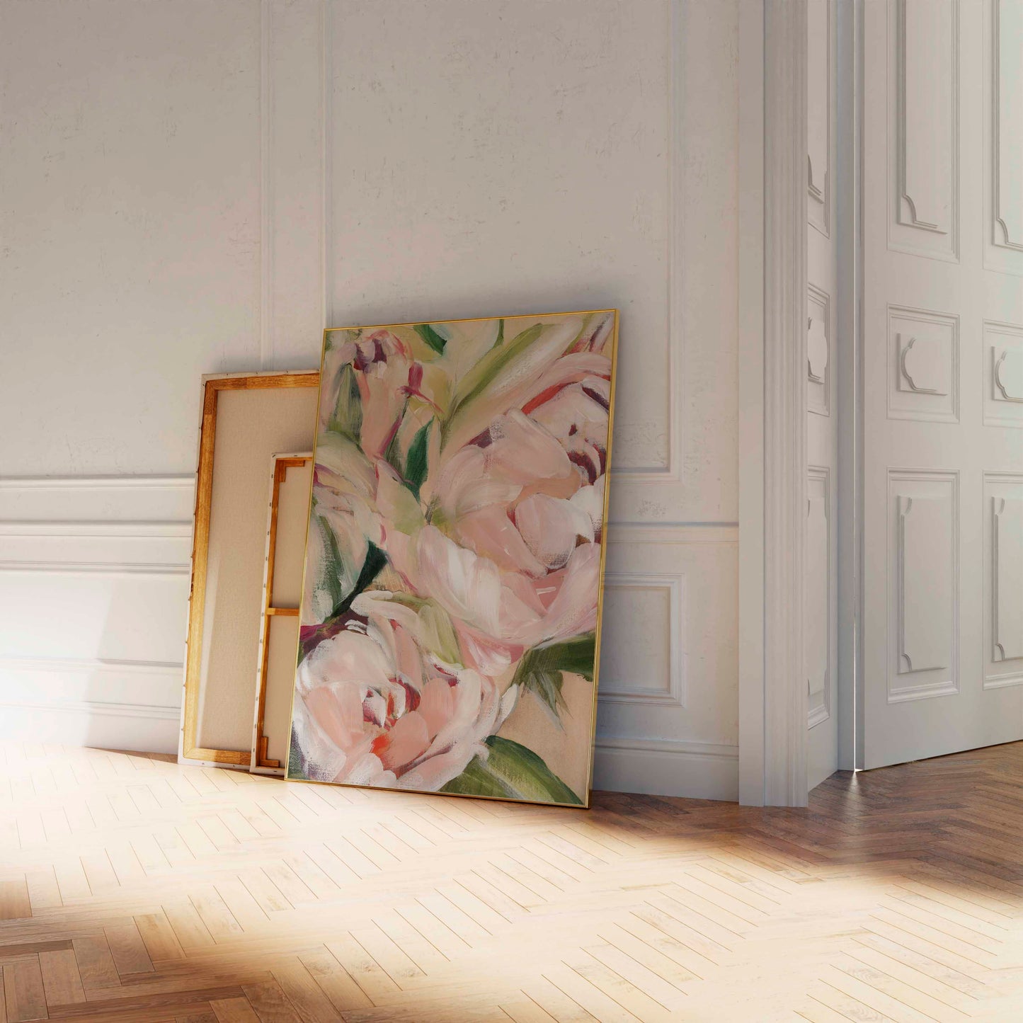 floral framed print in hallway.