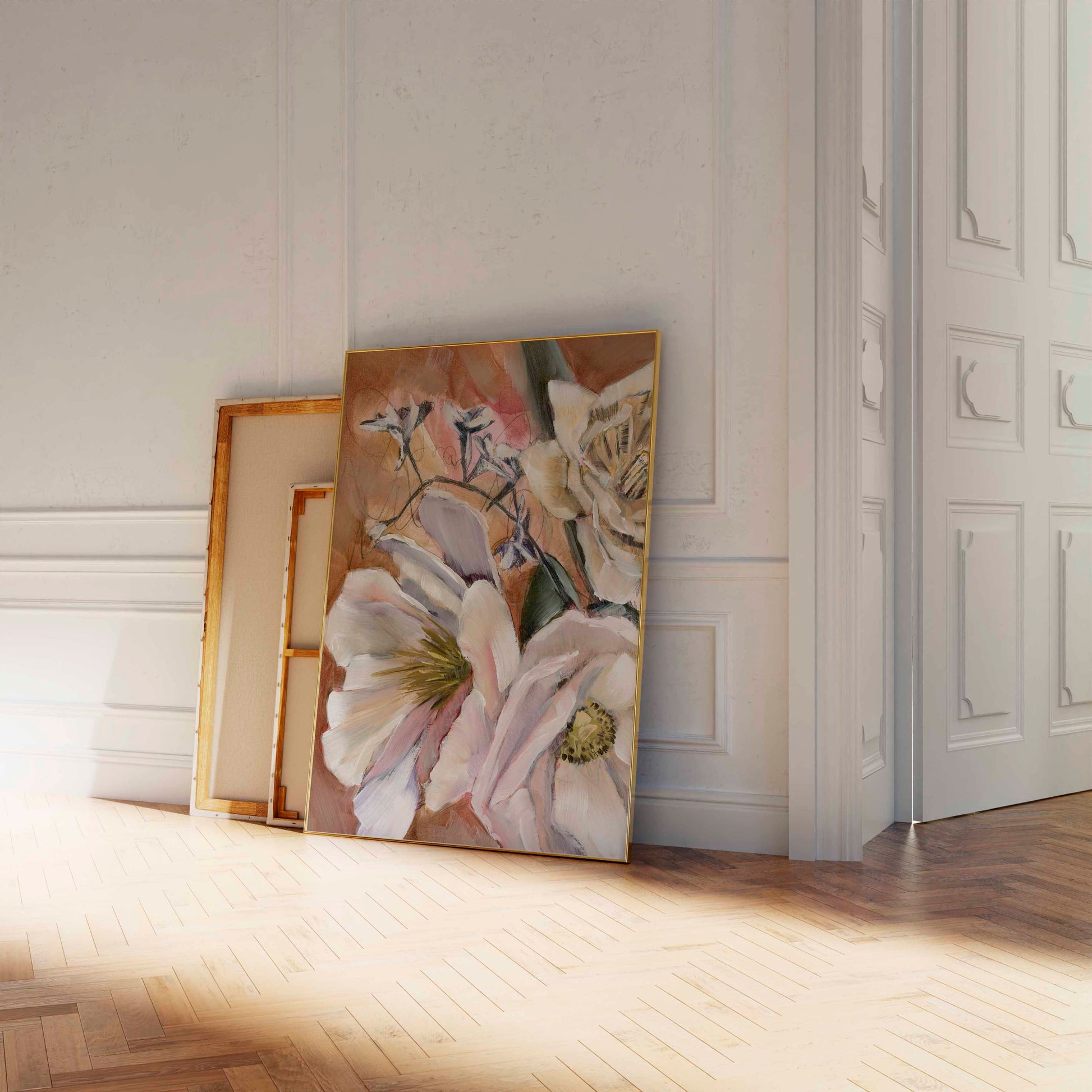 floral art print in a frame on a wall