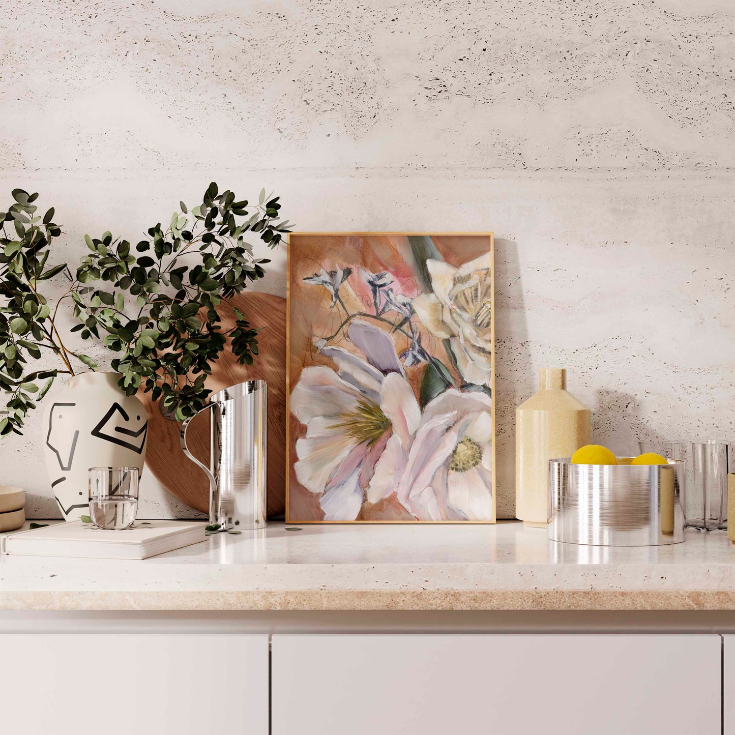 floral fine art print on a kitchen counter