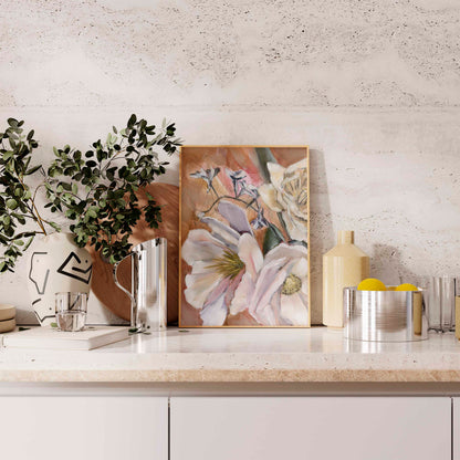 floral fine art print on a kitchen counter