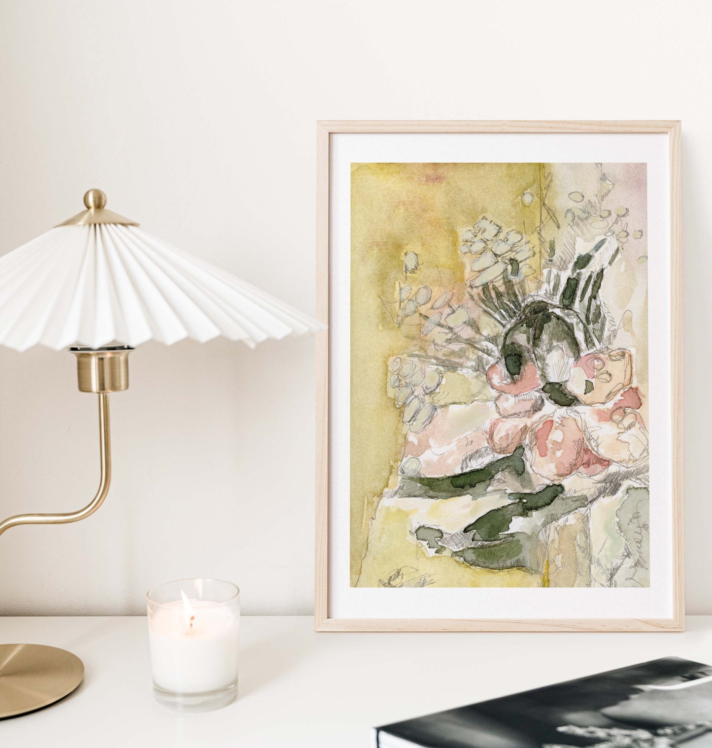 Blush and Yellow Abstract Flower Watercolor Painting - Floral Fine Art Print
