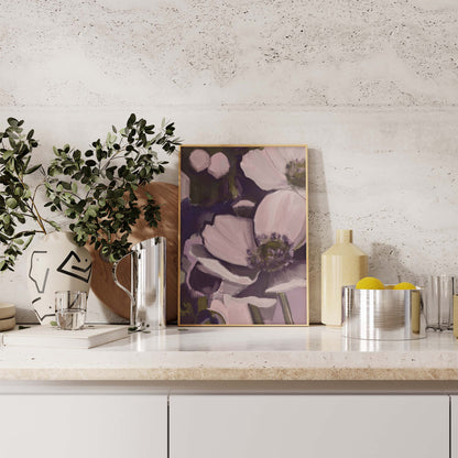 Abstract Realistic Violet Anemone Flower Painting - Floral Fine Art Print